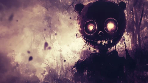 Demonic teddy bear silhouette glows within toxic forest haze.
