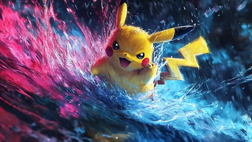 Pikachu charging through neon water with dynamic energy.