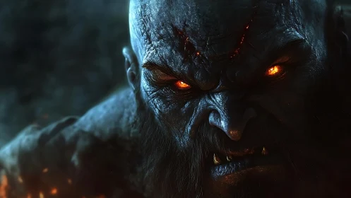 Demonic warrior close-up with burning orange eyes