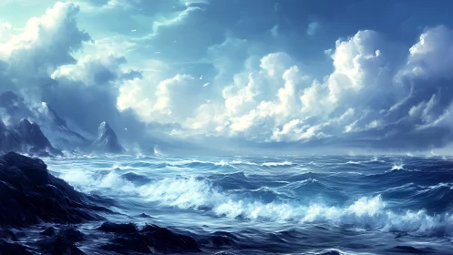 Digital seascape depicts turbulent waves under dense clouds