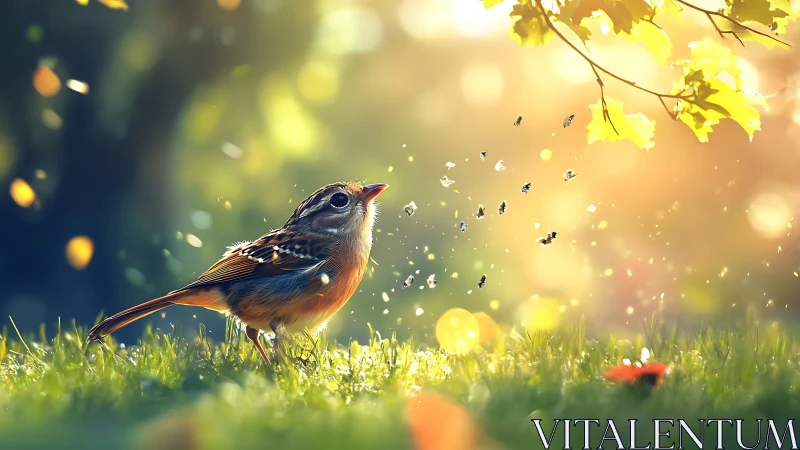 Small songbird on grass under glowing backlit foliage.