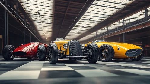 Retro concept race cars align under industrial skylight.