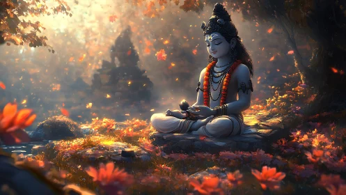 Serene Shiva meditating in an autumn forest sanctuary.