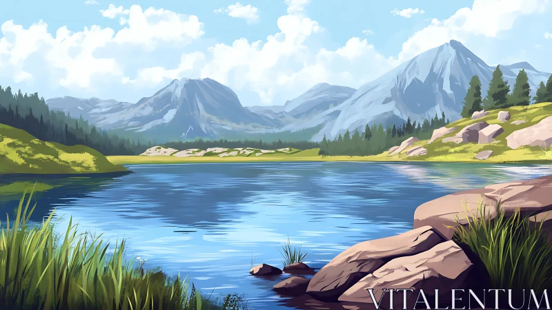 Mountain lake panorama under bright summer sky artwork.