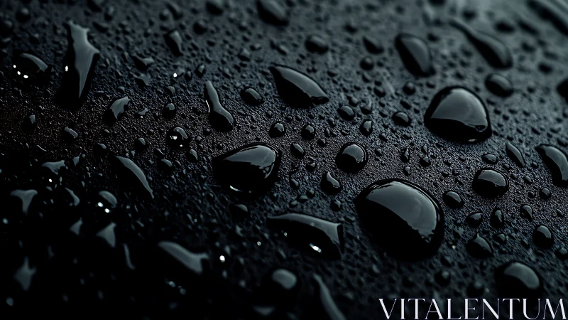 Water droplets glisten on dark textured surface in macro view.