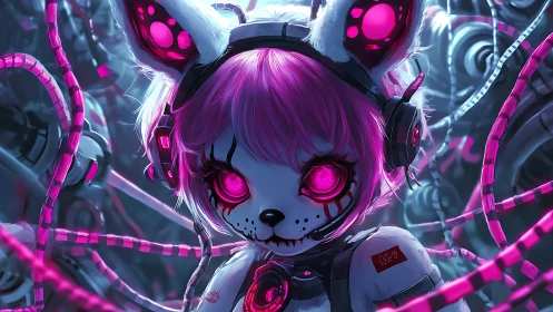 Cybernetic neko android stares forward amid neon data cables