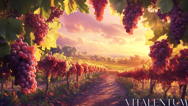 Sunlit vineyard path framed by glowing purple grapes.