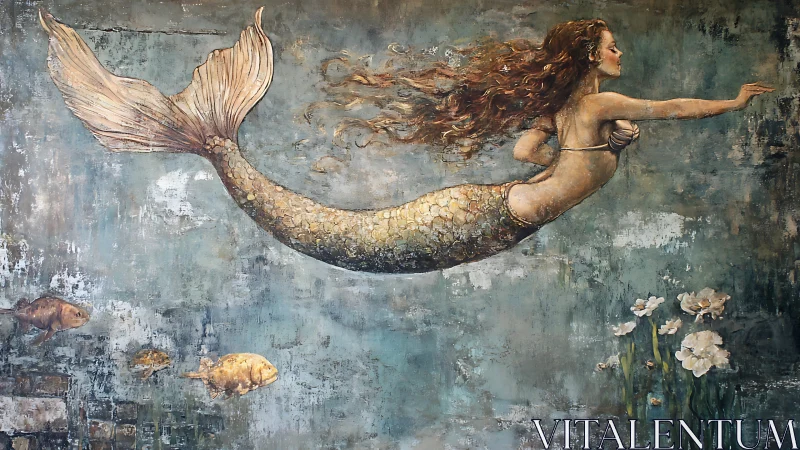 Textured mermaid mural with dynamic lateral motion and floral accents