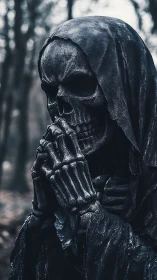 Hooded skeletal figure statue in dark forest setting.