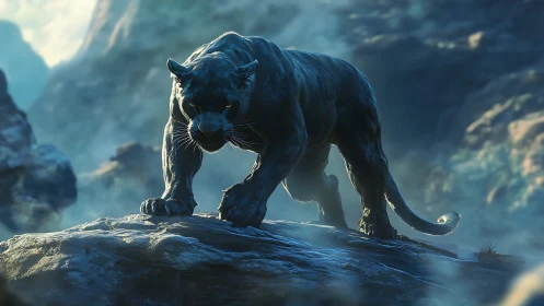 Black Panther on Rocky Outcrop with Volumetric Atmospheric Lighting.