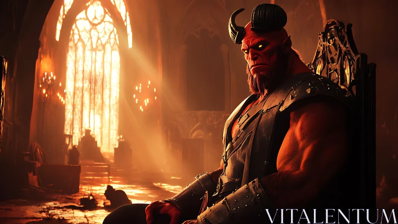 Armored horned demon king occupies throne in backlit ruined cathedral