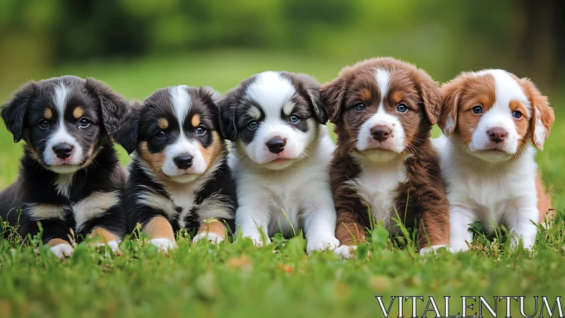Puppy lineup on grass under soft natural daylight bokeh.