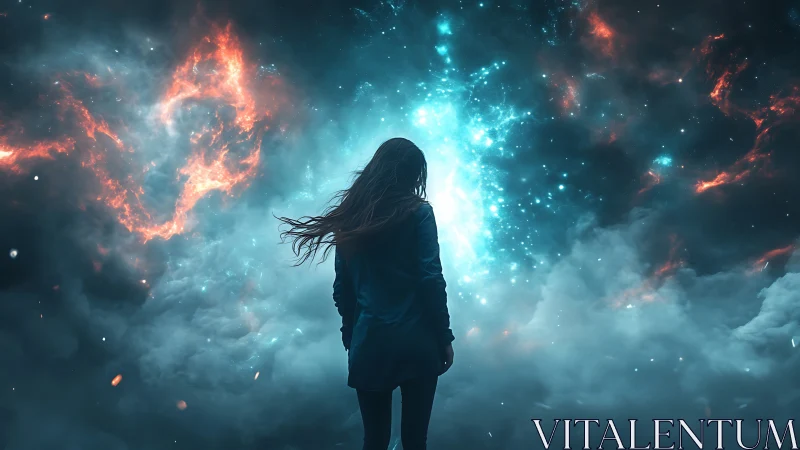 Stargazer at the cosmic doorway of swirling color and light.