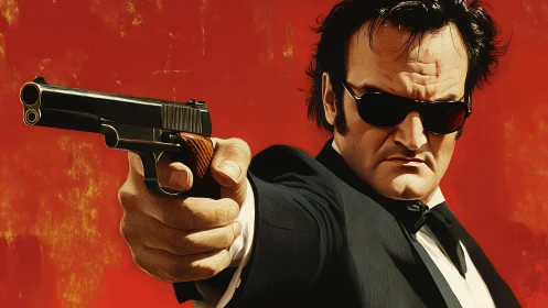 Gunman in suit levels pistol against bold red backdrop.