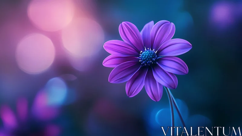 Purple Daisy Flower Against Blue Bokeh Background.