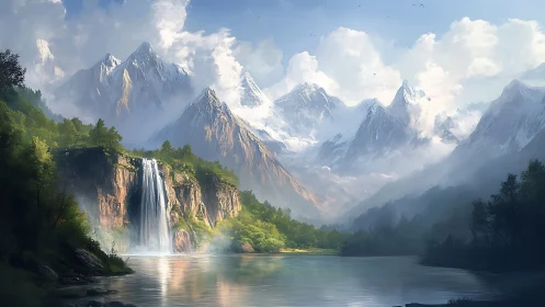 Snowcapped peaks and waterfall over misty forest lake.