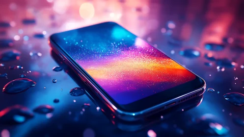 Water resistant smartphone with neon bokeh reflections on glass