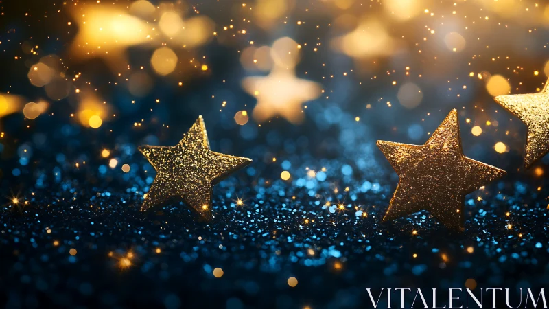 Glittered star shapes rest on blue surface with bokeh lights