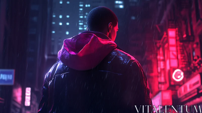 Lone figure walks neon city street under pouring rain.