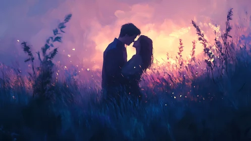 Silhouetted Couple Kissing in Golden Hour Field.