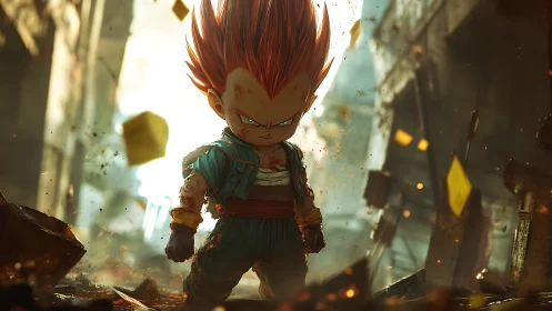 Fiery-haired chibi warrior stands defiant in ruined city.