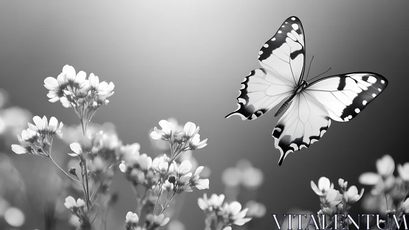 Monochrome butterfly in flight over soft-focused wildflowers