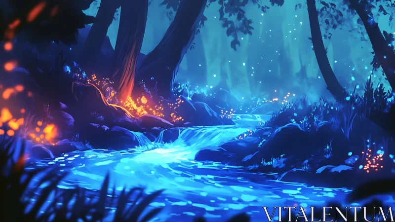 Bioluminescent Forest Stream with Fire and Ice Elements.