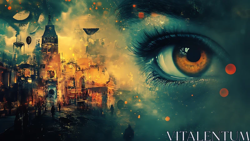 Human eye overlay with illuminated urban street at night.