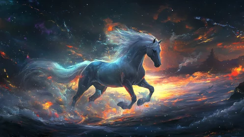 Starlit spirit horse galloping through a glowing cosmic surf.