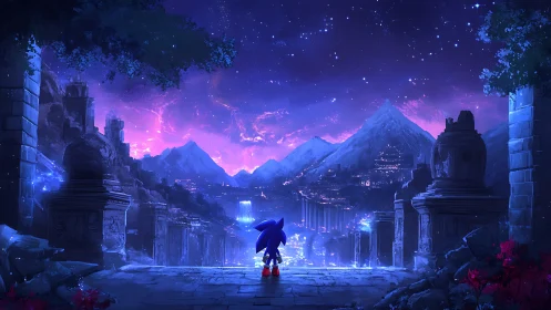 Blue hedgehog figure in luminous ruined valley at night.