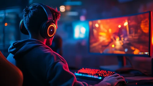 Person uses illuminated PC gaming setup with curved monitor