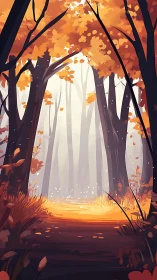 Autumn Forest Path Through Fog and Golden Light.