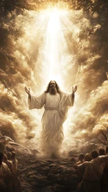 Radiant figure rising through golden clouds of light and hope.