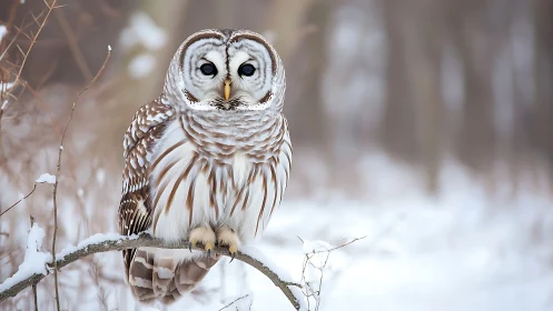 Barred owl perched on snowy branch in serene winter forest scene.