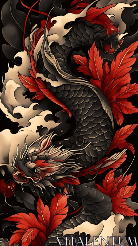 Digital dragon coils through red maple leaves and smoke.