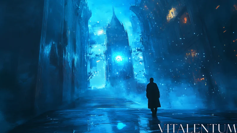 Backlit solitary figure in volumetric blue sci fi corridor depth