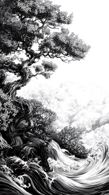 Gnarled tree stands over swirling monochrome ocean waves.