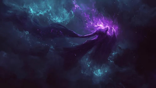 Nebular wraith erupting in violet plasma within voidscape.