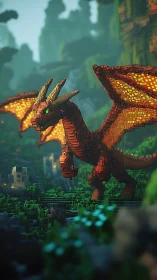 Pixelated fire dragon strides through lush voxel forest.
