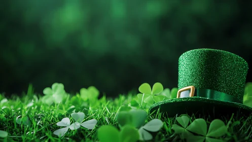 Glittering leprechaun hat resting in a clover meadow.