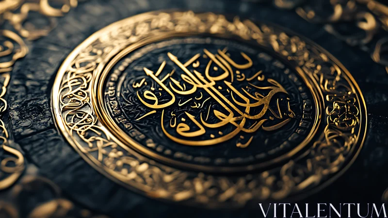 High-relief Arabic calligraphy medallion with ornate gold filigree
