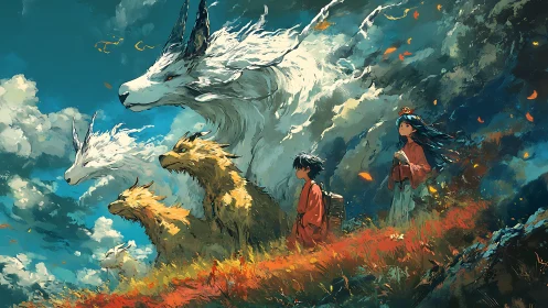 Human figures with large spectral canids in open landscape.