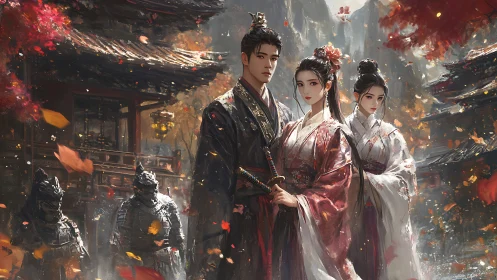 Autumn warriors and nobles stand united in a feudal courtyard