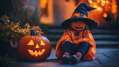Jack-o-lantern costume child in shallow-depth Halloween portrait.