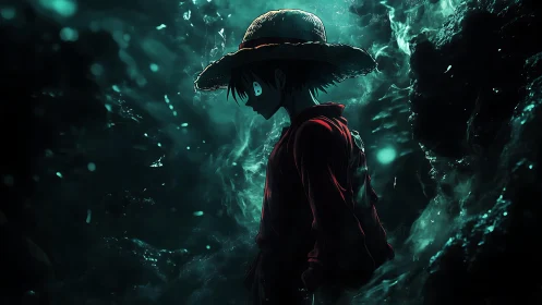 Backlit anime sailor in volumetric teal mist and rim lighting