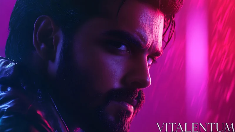 Neon side-lit portrait with cinematic rain and moody gaze.