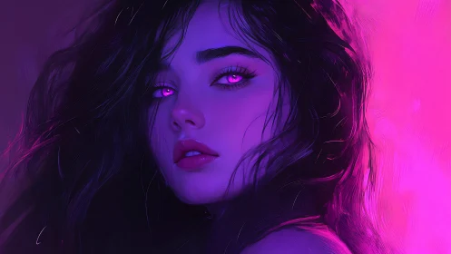 Mystical purple gaze softens neon shadows around her face