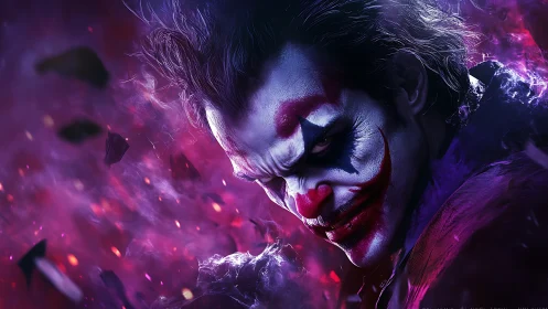 Sinister clown in violet chaos storms the cinematic night.