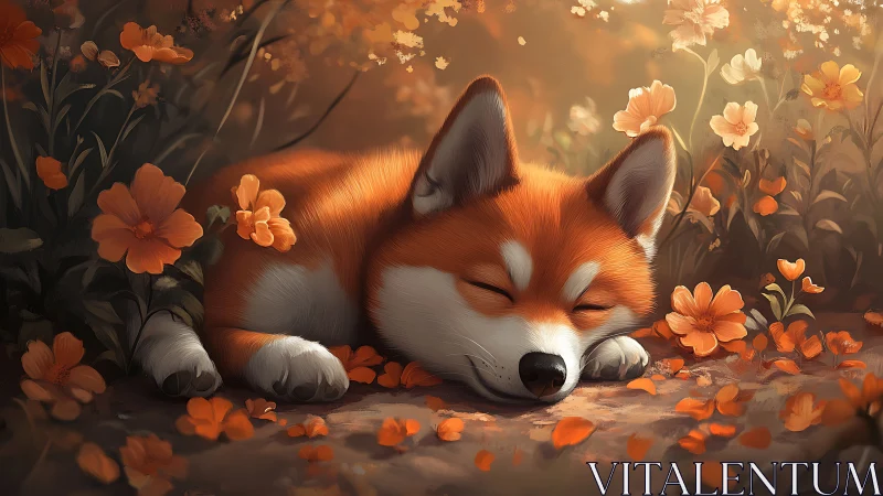 Sleeping fox-like puppy amid soft orange garden flowers.