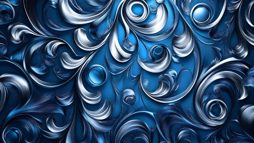 Parametric metallic filigree on blue depth-mapped substrate.